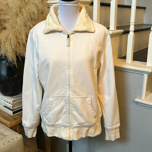 L.L. Bean Full Zip Cotton Stretch Jacket Ivory Fleece Lined Pockets Size Large